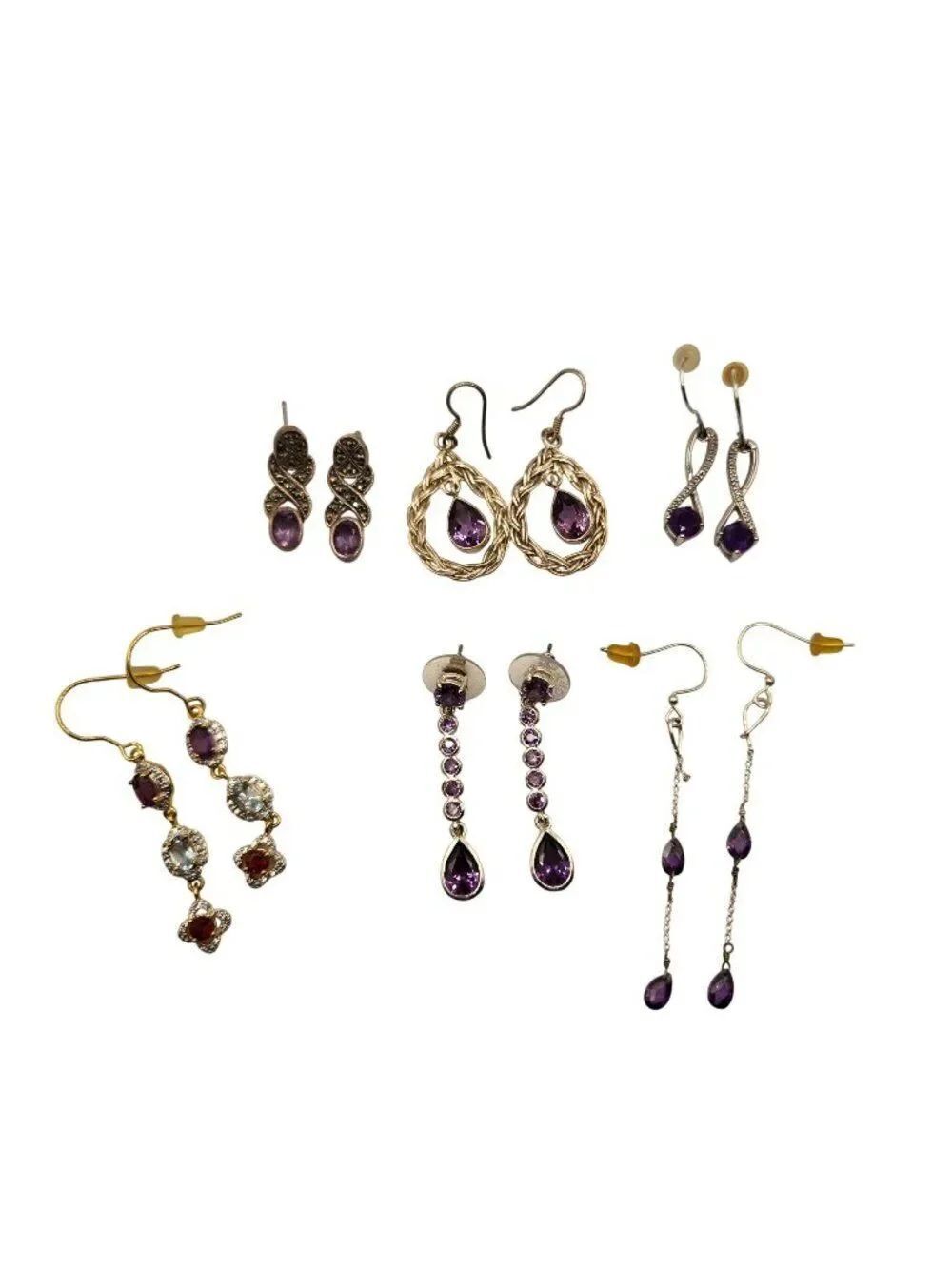 Vintage Lot Sterling Silver 925 Earrings Amethyst Semi Precious Gemstones 6 Pair